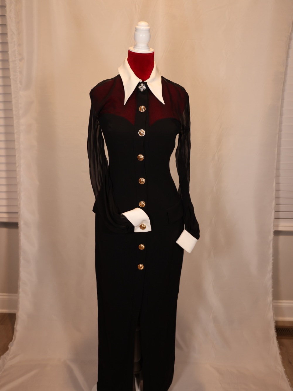 Versace Black and White Maxi Dress with Gold Buttons